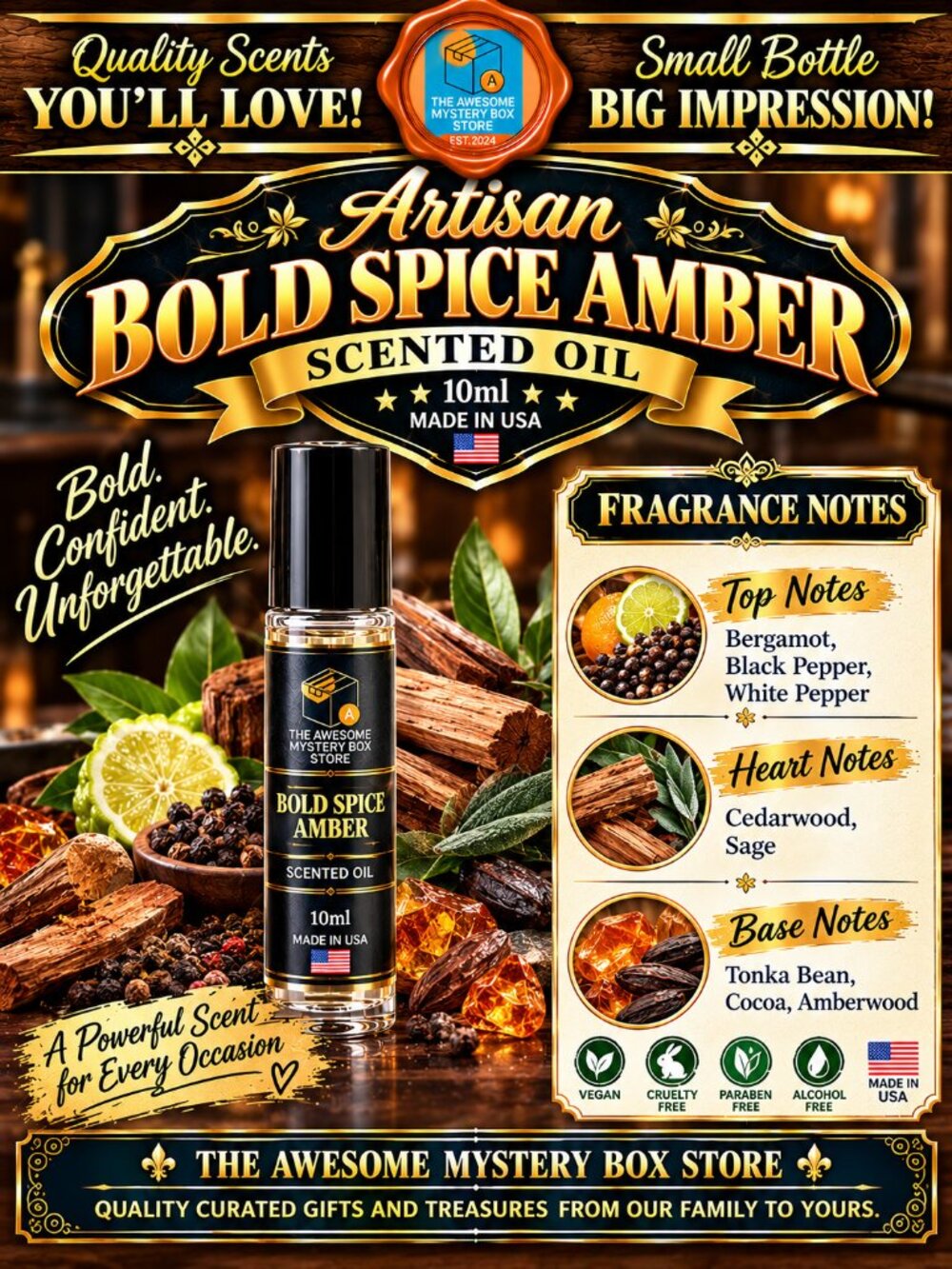 Artisan Bold Spice Amber Scented Oil 10ml Glass Roll-On | Made in USA
